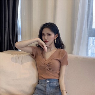 MS071 Áo len tăm cộc tay xoắn ngực