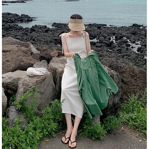 Trang phục peppermint 44982 áo sơ mi tay dài dáng rộng màu xanh lá cột dây/ đầm dài phong cách mới