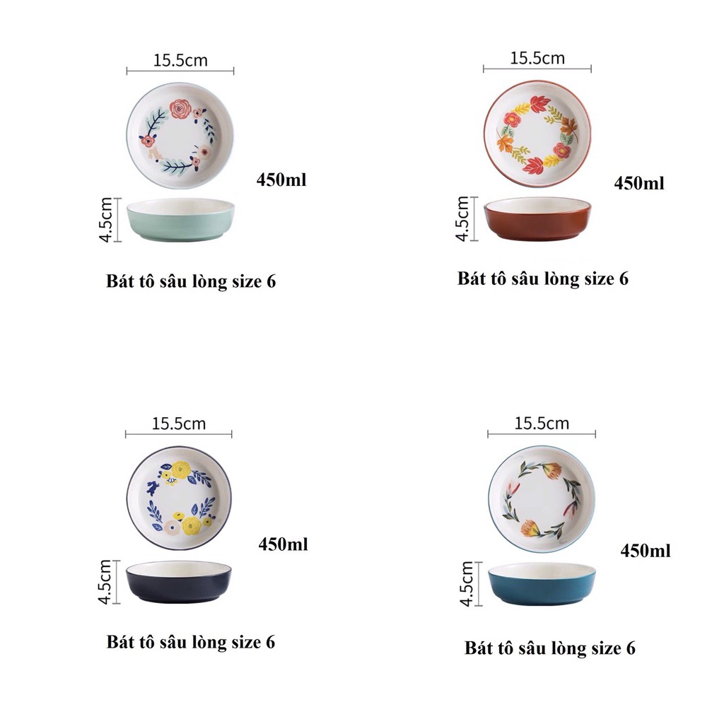 Tô sứ vẽ hoa 4 mùa, bát đựng salad, đĩa để món xào, phụ kiện bàn ăn: 3.7.1