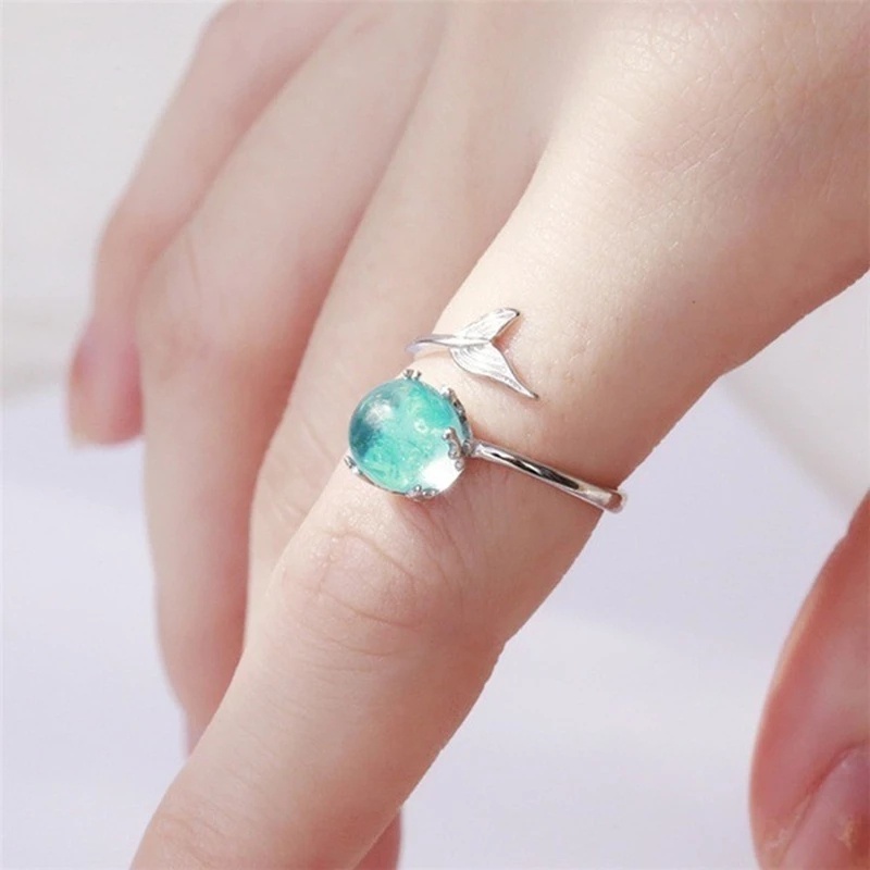 Nhẫn Hở Đính Đá Pha Lê Màu Xanh Dương Hình Đuôi Cá Phong Cách Cổ Điển Thanh Lịch Tùy Chỉnh Cho Nữ