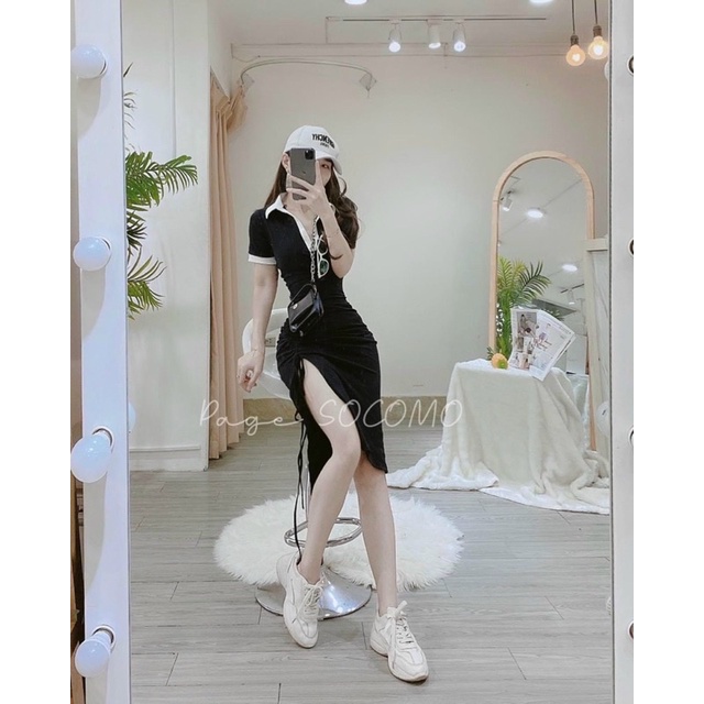 Đầm gân cổ bẻ xẻ rút dây đùi alohashop91