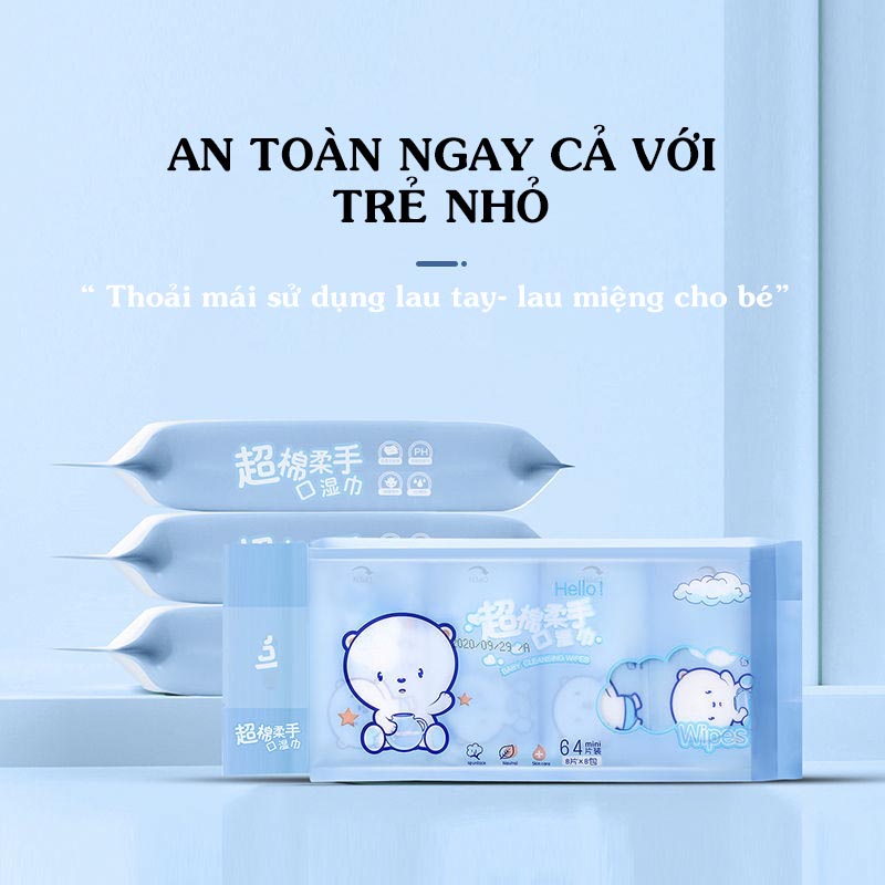 Túi 8 gói khăn ướt mini (1 Gói 8 pcs) hoạt hình xinh xắn, khăn giấy ướt mini du lịch tiện dụng khi mang theo(KU0001)