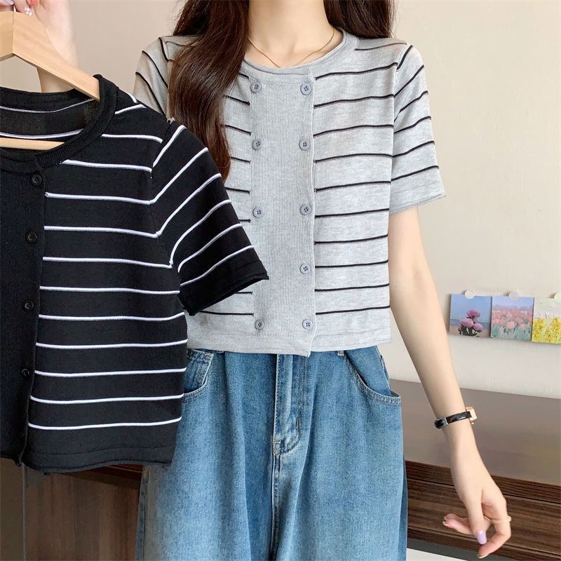 Áo Cardigan Ngắn Tay Dáng Rộng Họa Tiết Kẻ Sọc Thời Trang Mùa Hè