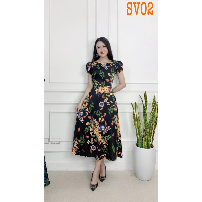 Đầm trung niên, váy trung niên cho mẹ thiết kế dáng dài cộc tay họa tiết hoa SV - DRESS LUXURY