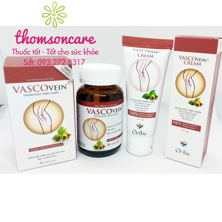 Vascovein - thành phần từ thảo dược - Hộp 30 viên và Kem bôi tuýp 50g - Giúp giảm suy giãn tĩnh mạch