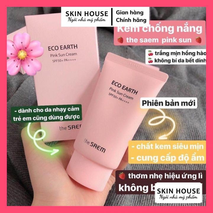 Kem chống nắng The Saem Eco Earth Pink Sun Cream 50g - Kem Chống Nắng Ngăn Ngừa Tia UVA và UVB The Saem Eco Earth