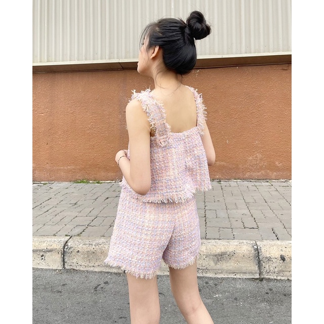WHITELAZZ | Set áo và quần shorts yếm màu hồng - Triny Tweed Set