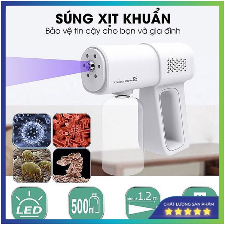 Súng Xịt Khử Khuẩn NANO K5 Pro 8 Led UV Lõi Đồng (Bảo Hành 1 Năm)