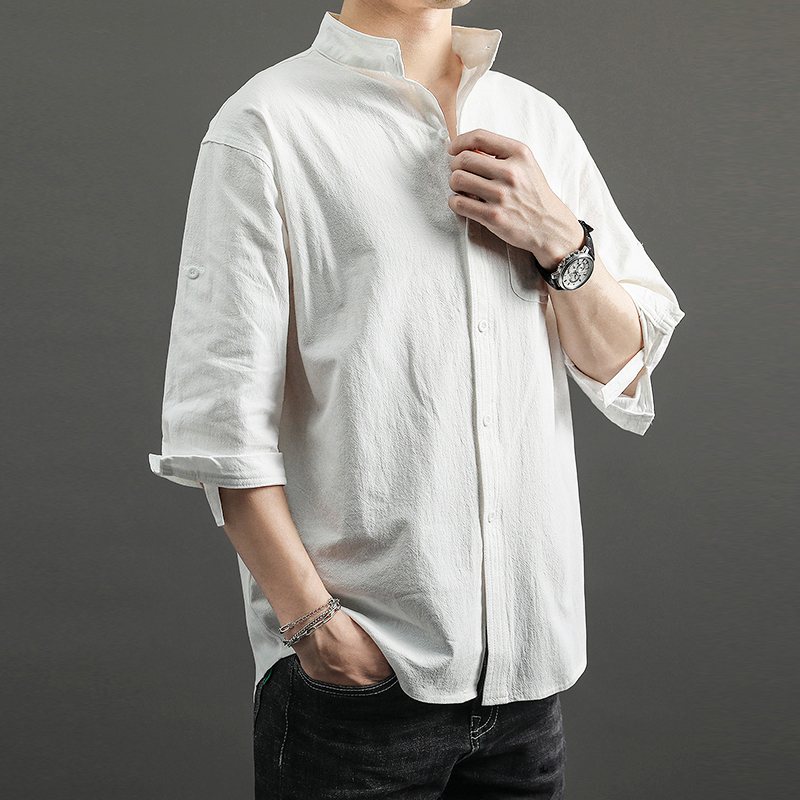 Áo Sơ Mi cotton Lanh Tay Ngắn Cổ Đứng Dáng Rộng Phong Cách Hàn Quốc Thời Trang Cho Nam