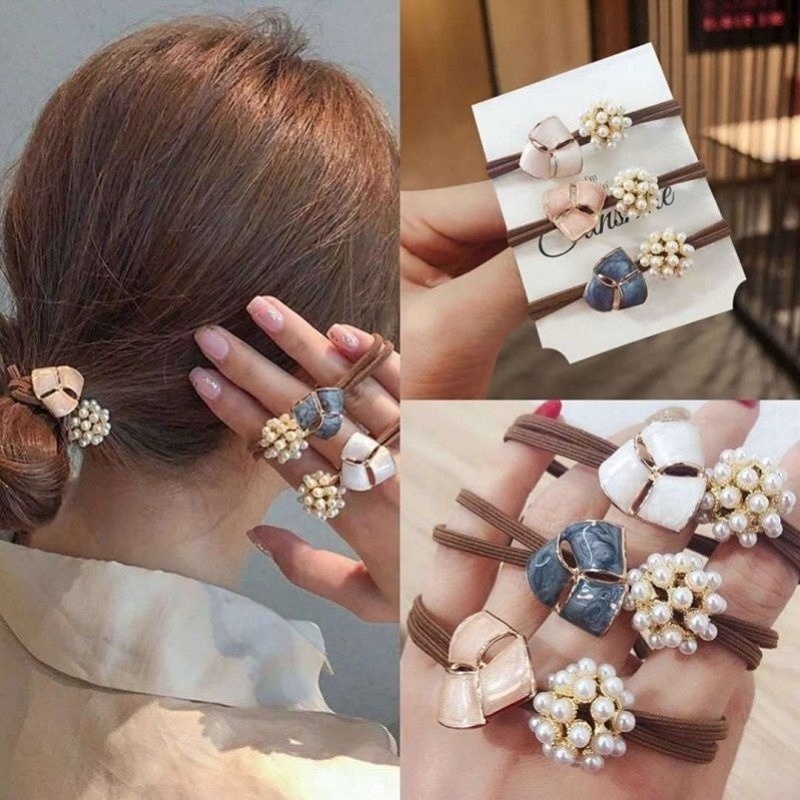MANYUE Dây cột tóc bằng cao su đính ngọc trai đơn giản mẫu mới