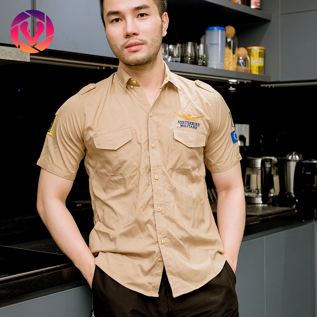 Áo phi công Thái Lan, sơ mi nam tay ngắn, vải kate, form body mạnh mẽ, nam tính