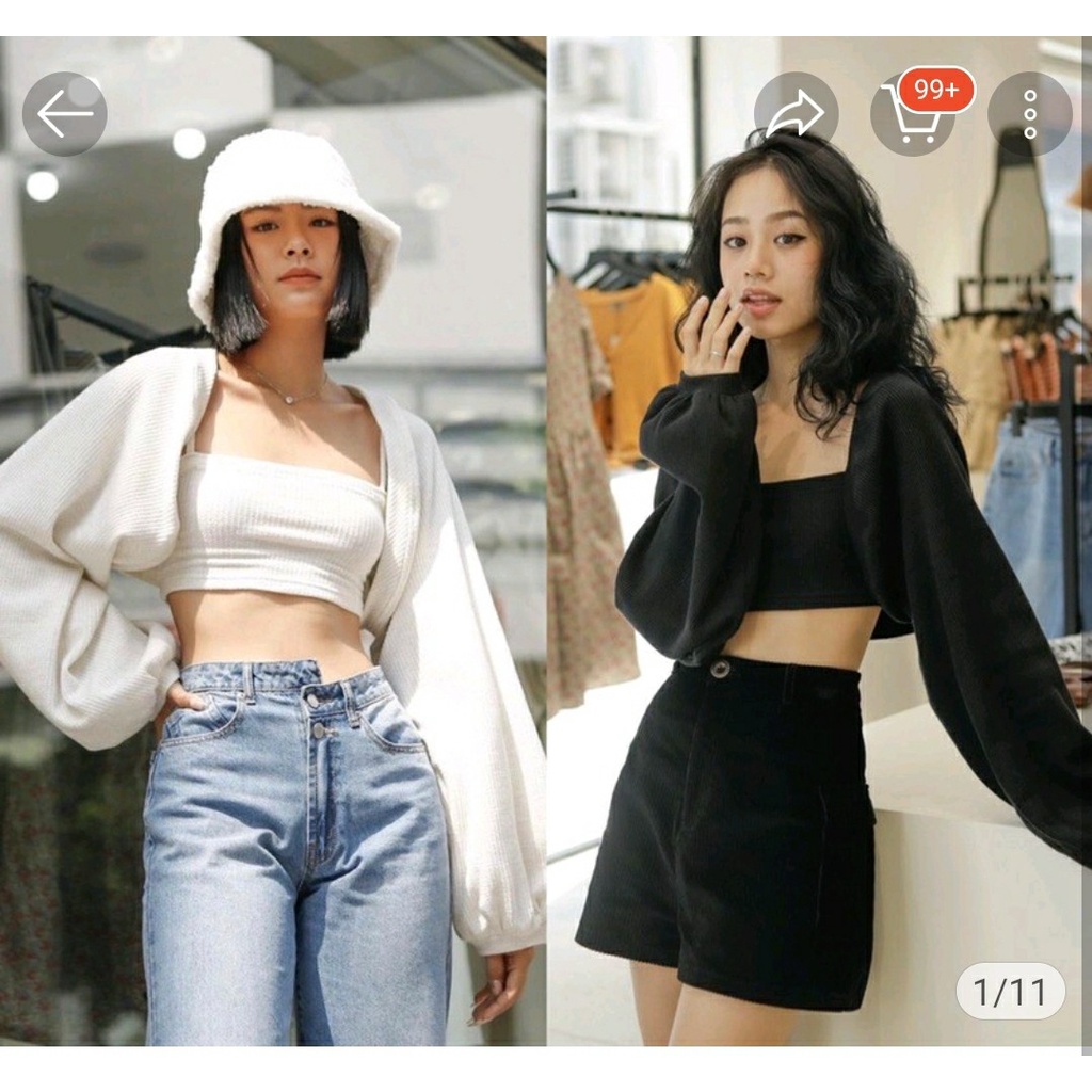 SA002 - Bộ áo khoác cardigan mỏng, tay bo phồng và áo hai dây croptop ôm body sexy phong cách bánh bèo tiểu thư cute
