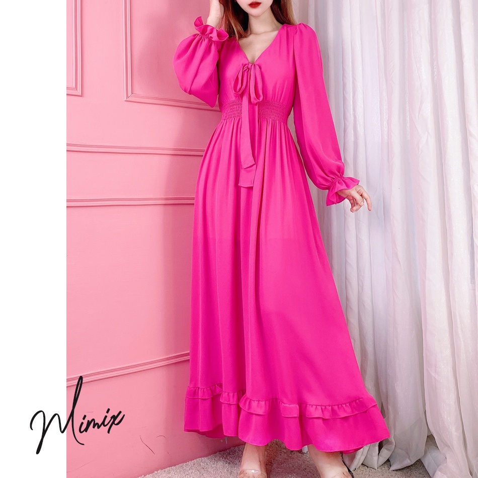 Váy maxi hoa tay dài có nơ ngực MIMIX BJ8205