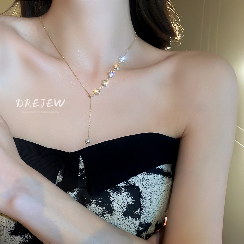 DREJEW Dây chuyền mạ vàng mặt hoa đính ngọc trai sang trọng cho nữ
