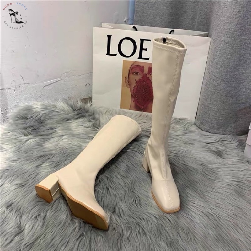 Giày bốt đùi da lót lông cao cấp, giày boot cao gót đế vuông thời trang 2022 dành cho nữ phong cách sang chảnh