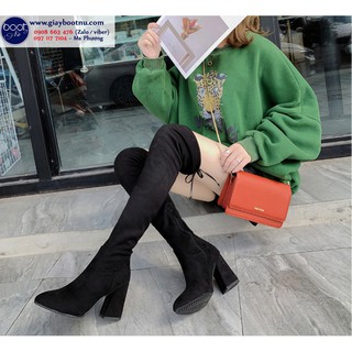 Giày boot nữ cổ cao gót vuông da lộn GCC0802