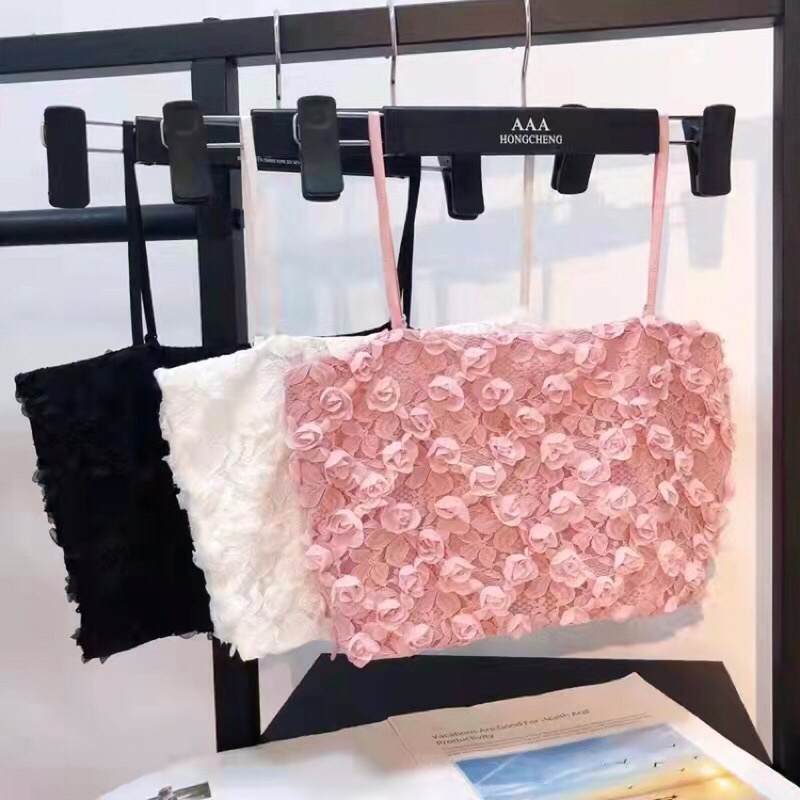 áo 2 dây croptop ren hoa hồng siêu xinh - Áo bra quây crop xinh xắn màu hồng đen trắng mặc cùng vest đẹp
