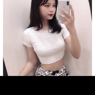 Áo crop cộc tay viền bèo trắng