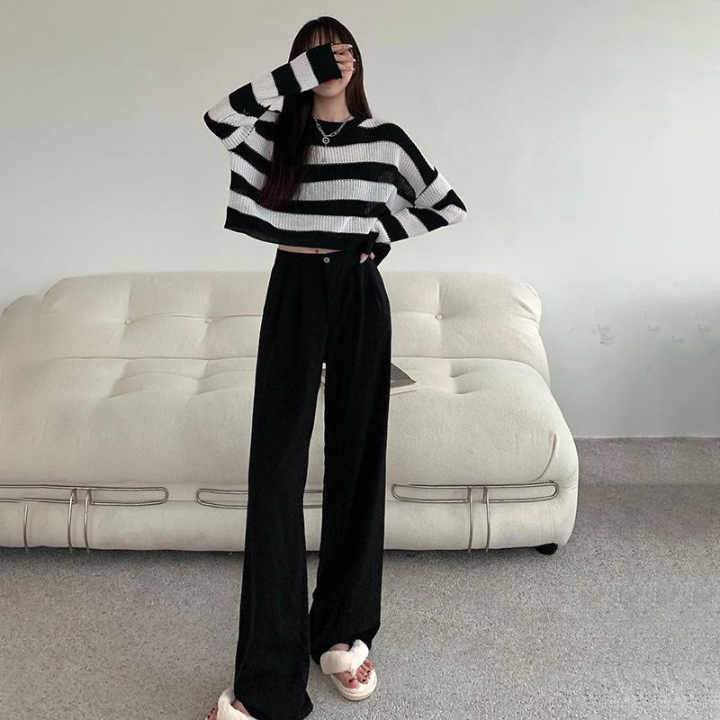 Áo Sweater Dệt Kim Tay Dài Dáng Rộng Kẻ Sọc Trắng Đen Trẻ Trung