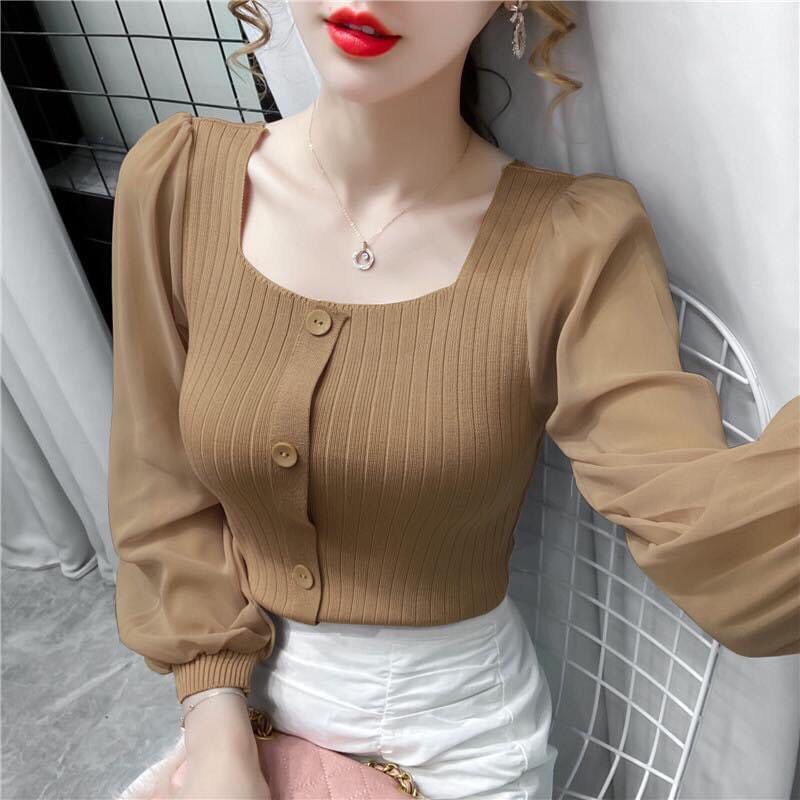 Áo len gân nữ tay phối voan vuông cực xinh kiểu dáng thời trang hot 2021. | BigBuy360 - bigbuy360.vn