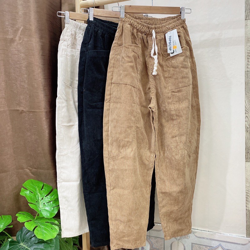 Quần baggy nhung lưng thun màu tây