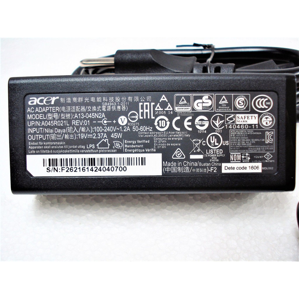 Sạc Laptop Acer 19v-2.37a chân nhỏ (3x1.1mm) (BH 12T)