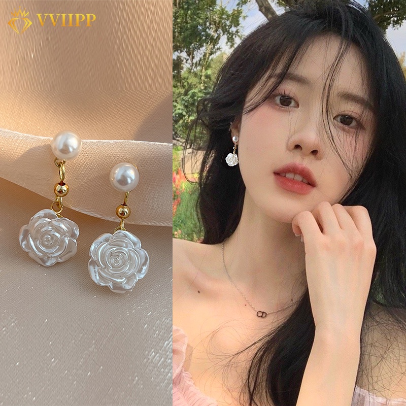 Đôi Khuyên Tai Hình Hoa Hồng Đính Ngọc Trai Thời Trang Cho Nữ