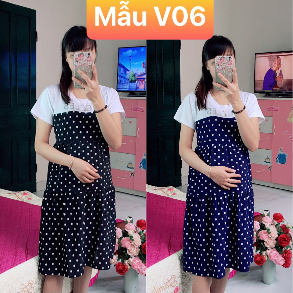 Váy bầu chấm bi dáng suông cộc tay, chất chéo thái nhẹ, mềm, dễ chịu