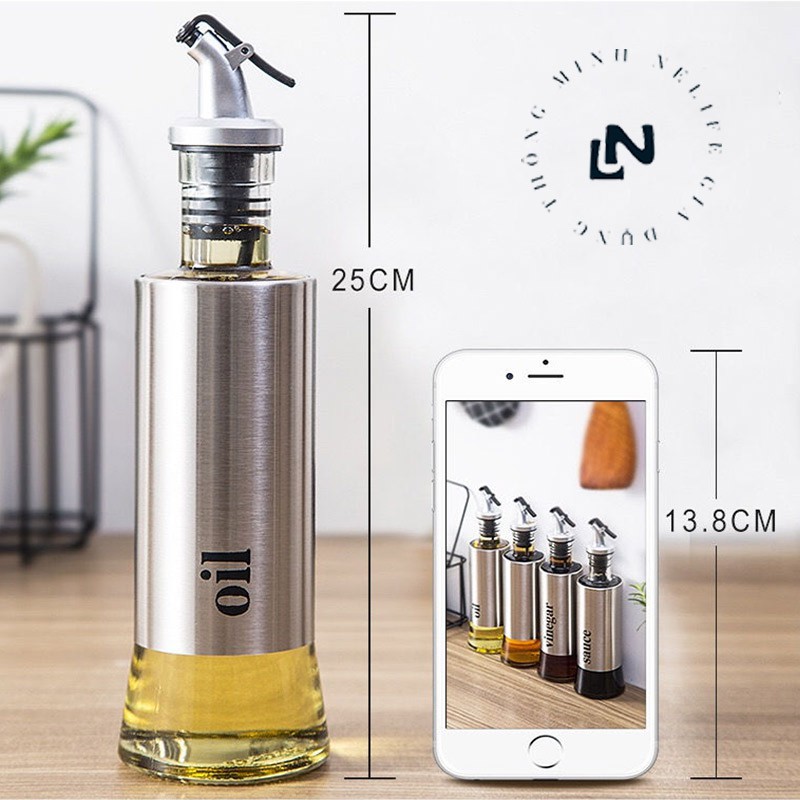 Chai Đựng Dầu Ăn, Nước Mắm, Đựng Gia Vị Bằng Thủy Tinh Bọc Inox 300ml 🎀HÀNG CAO CẤP🎀 Chiết Dầu Dễ Dàng Chỉ Một Thao Tác