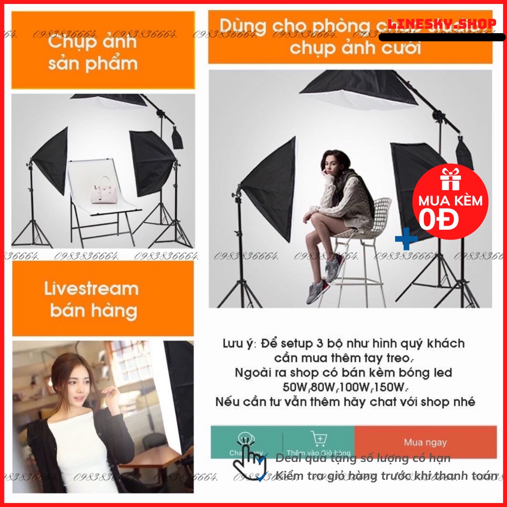 Bộ đèn sofbox chụp ảnh, quay phim, Livestream chuyên nghiệp cao 2m softbox 50x70cm