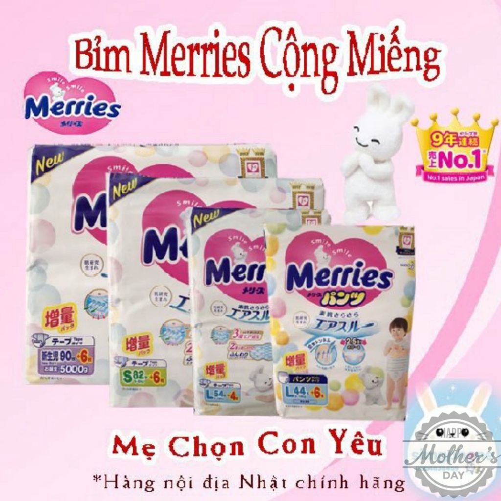 [Hà Nội]Bỉm Merries Dán/Quần Nội Địa Nhật Cộng Miếng - TC (Date Mới) NB96/S88/M68/L58/M58+6