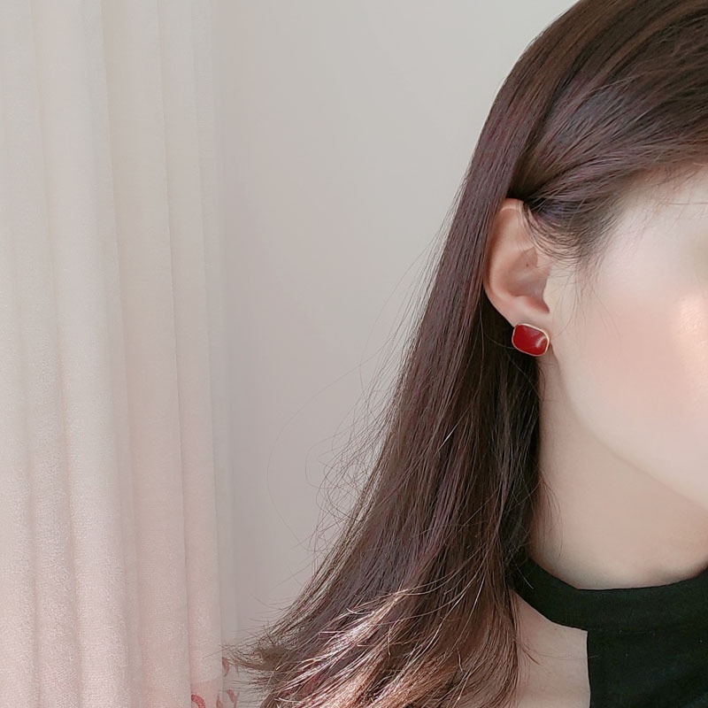 Bông Tai Kim Bạc 925 Hình Vuông Màu Đỏ Rượu Vang Thiết Kế Đơn Giản Thanh Lịch Dễ Phối Đồ