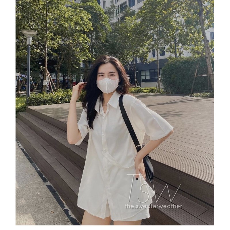 [Ảnh thật/Sẵn]Áo sơmi cộc tay cài vạt lệch chất lụa mịn | BigBuy360 - bigbuy360.vn