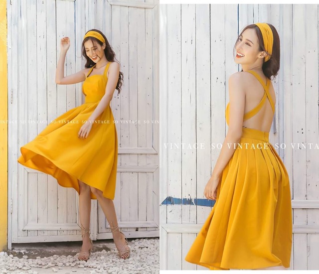 váy maxi đi biển vàng đan lưng MS132 kèm hình thật[ Kèm Sẵn Băng Đô] SẴN | BigBuy360 - bigbuy360.vn