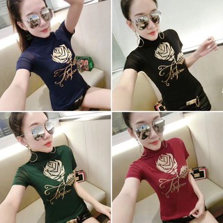 Áo lưới cổ lọ cộc tay hình hoa