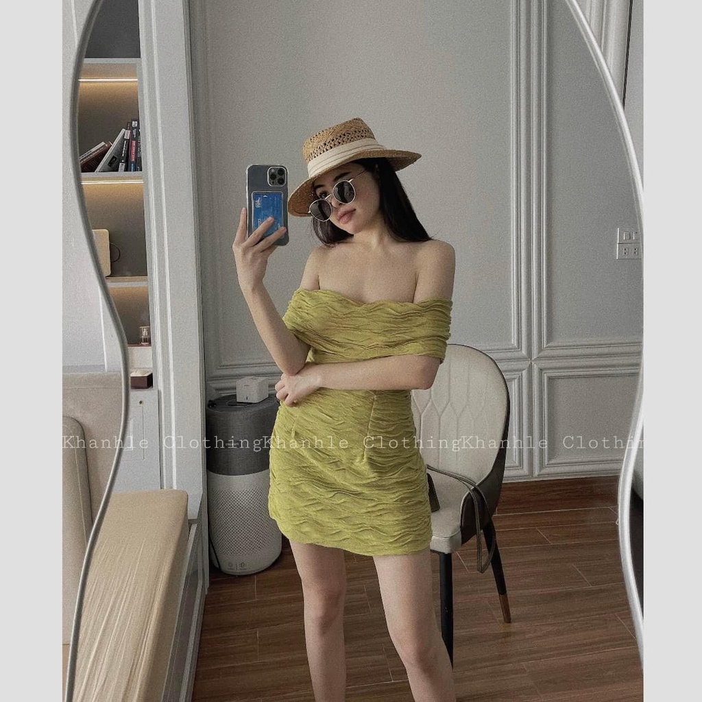 Váy Trễ Vai , Váy Body Ngang Vai Hoạ Tiết Sóng Kèm Quần Trong