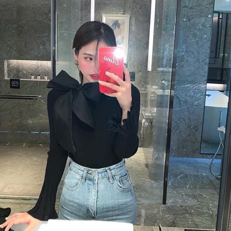 Áo Len Tăm Cổ Nơ Tay Loe Siêu Co Giãn Phong Cách Tiểu Thư Vintage So Hot