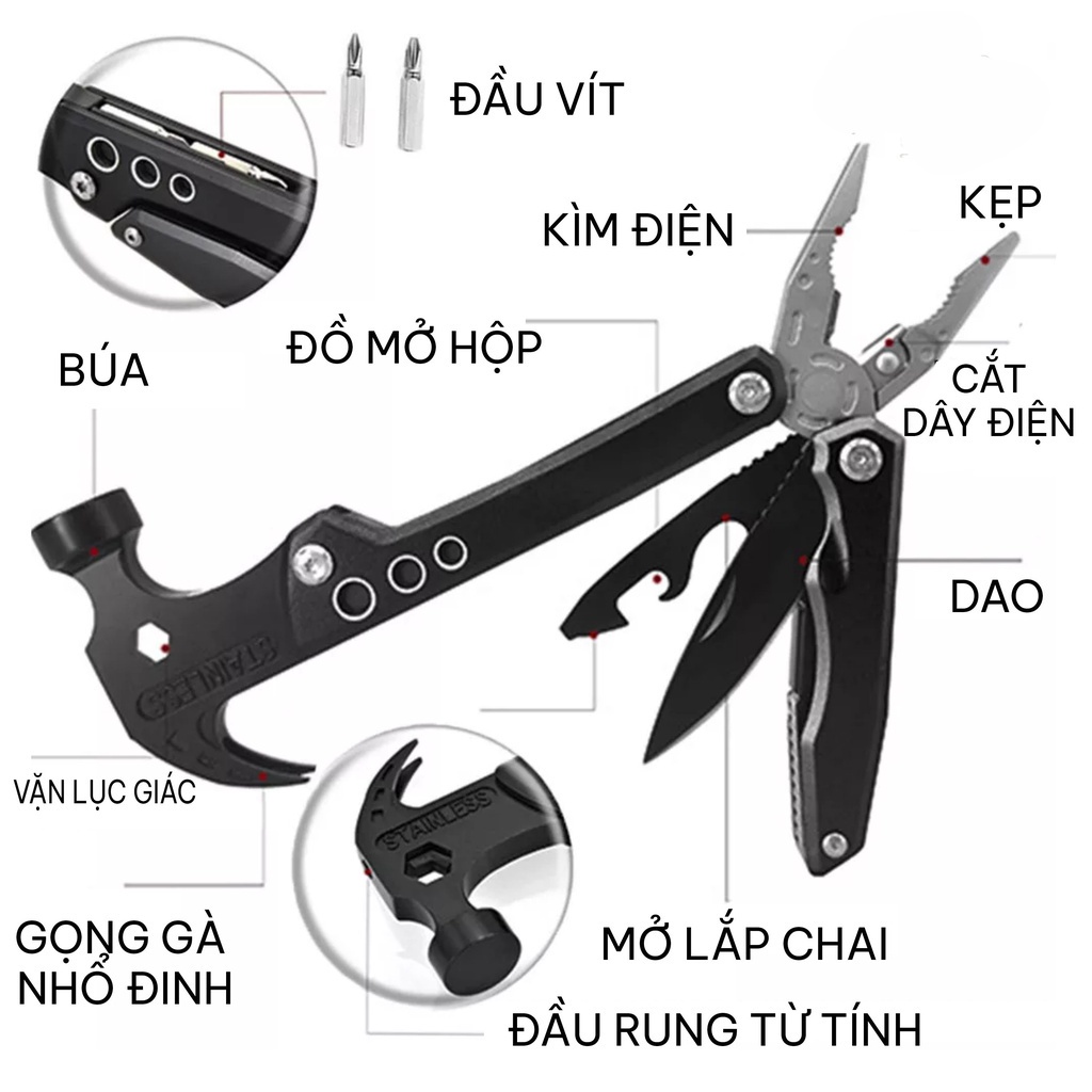 𝗛𝗢́𝗧Búa đa năng gấp gọn bằng Thép không gỉ  - Búa kiêm kìm, tua vít đa năng 14in1 - Dụng cụ đi phượt, cắm trại picnic