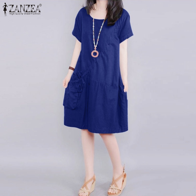 Đầm midi ZANZEA tay ngắn cổ tròn có túi dây rút thời trang cho nữ