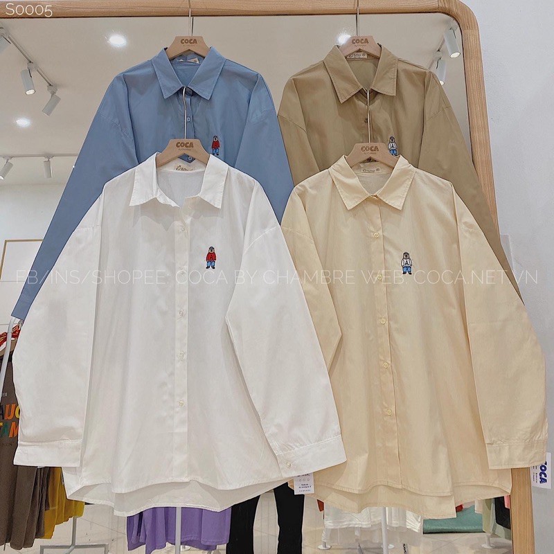🐻 Áo sơ mi thô basic thêu hình gấu phong cách Hàn Quốc (Có sẵn/ảnh thật) `