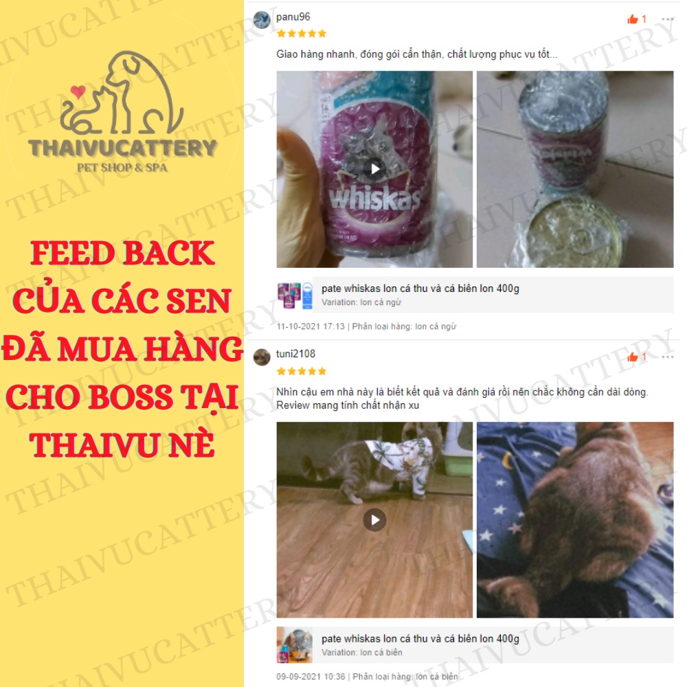 Pate whiskas lon cá ngừ và cá biển lon 400g thức ăn dinh dưỡng nguyên thịt cá cho mèo lớn - Thaivucattery