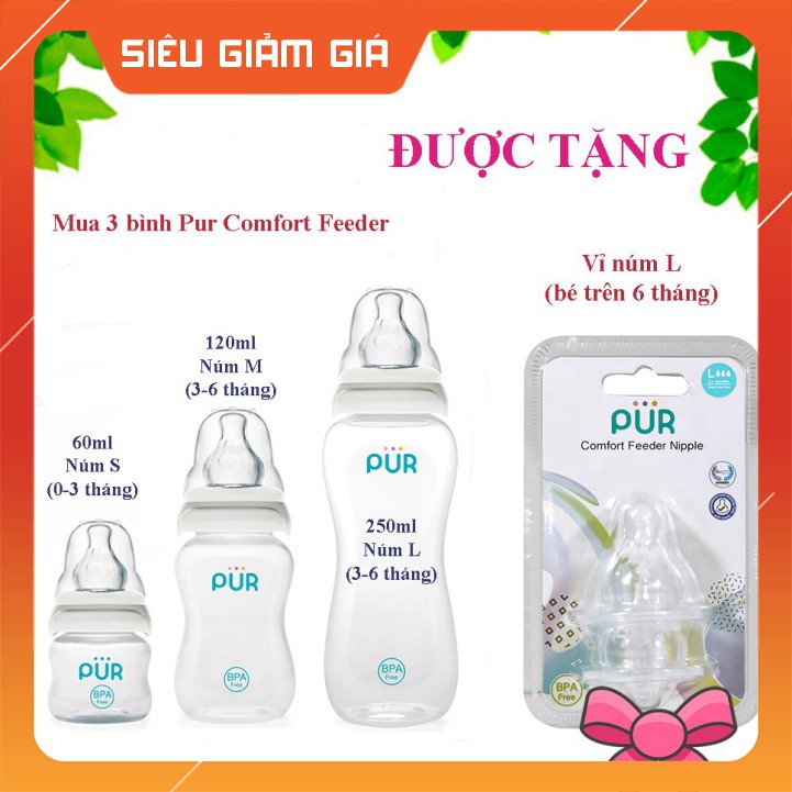 CHÍNH HÃNG Combo 3 bình sữa Pur Comfort Feeder trọn gói 60ml, 120ml, 250ml - tặng vỉ núm L