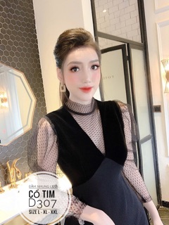 Bigsize Đầm nhung lưới cổ tim D307