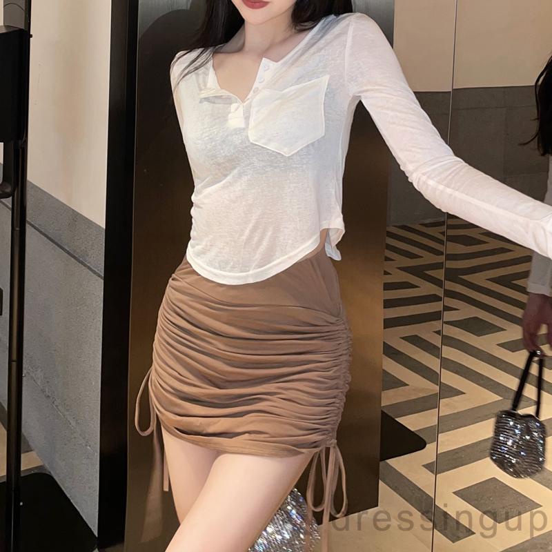 Chân Váy Ngắn Lưng Cao Màu Trơn Phối Dây Rút Thời Trang Cho Nữ