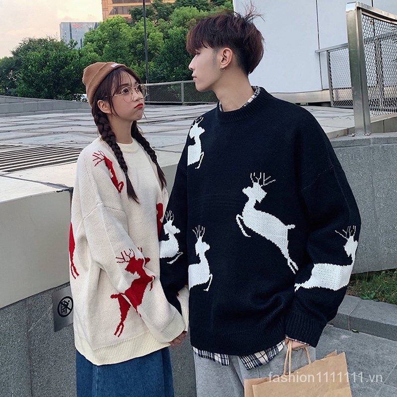 Áo Sweater Dệt Kim Chui Đầu Cổ Tròn Dáng Rộng In Hình Tuần Lộc Giáng Sinh Thời Trang Mùa Đông Cho Cặp Đôi (M-2Xl)