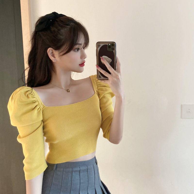 Áo Thun Dệt Kim Tay Ngắn Phồng Cổ Vuông Phong Cách Hàn Quốc Thời Trang Mùa Hè Cho Nữ