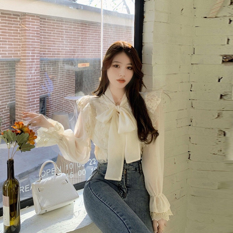 Áo Sơ Mi Nữ Kiểu Vải Ren Cao Cấp Cổ Thắt Nơ Dài Tay Phong Cách Nhẹ Nhàng Sang Trọng Tiểu Thư Hàng Quảng Châu Loại 1