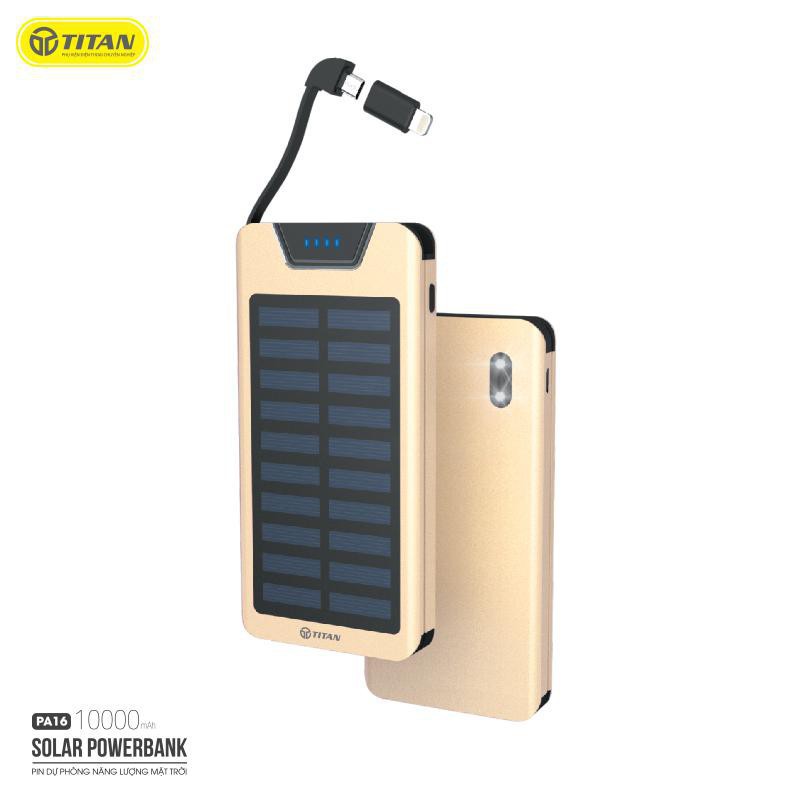 Pin dự phòng năng lượng mặt trời 10000mAh chính hãng TITAN PA16 liền dây cáp sạc cho iphone iPad Samsung Oppo xiaomi ip