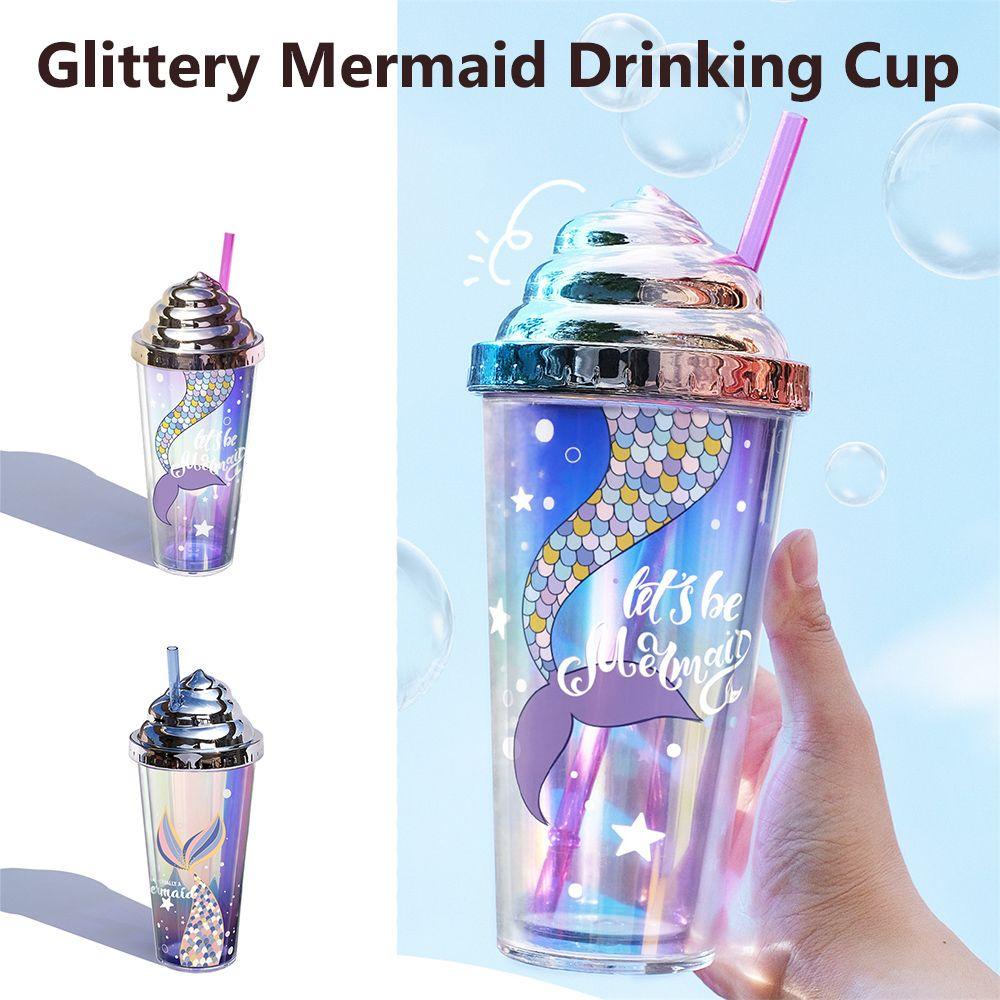 KUNHEV Bình Nước 420ml Hai Lớp Họa Tiết Nàng Tiên Cá Lấp Lánh Kèm Ống Hút