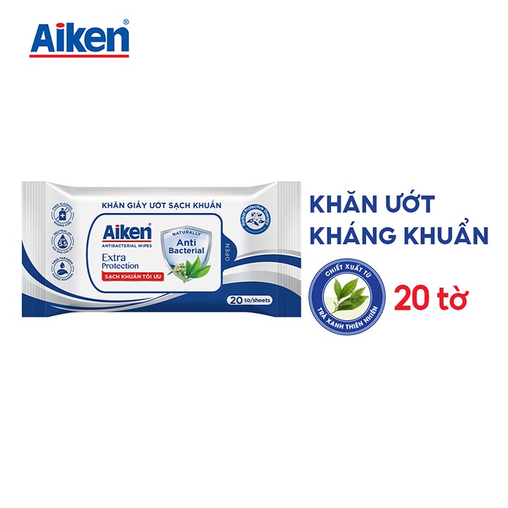 Khăn Ướt Aiken Sạch Khuẩn Chiết Xuất trà xanh - Gói 50 tờ